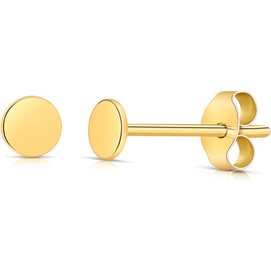 14k Gold Round Disc Studs Flat Circle Dot Earrings | 14-karat Solid Gold Simple Round Stud Earrings for Women (3mm Yellow Gold)